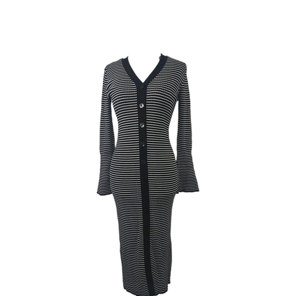 A‎ New Day XS Women's Black White Striped Long Sleeve Full Length Sweater Dress